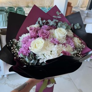 Beyaz Papatya, Pembe Papatya, Beyaz Gül, Lila Gül Buketi